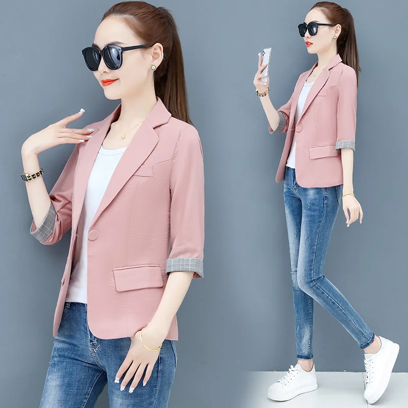 Summer Women Thin Blazer Jacket 2021 New Korean Single Button 3/4 Sleeve Short Jacket Coat Lady Office Blazers Outerwear 3XL