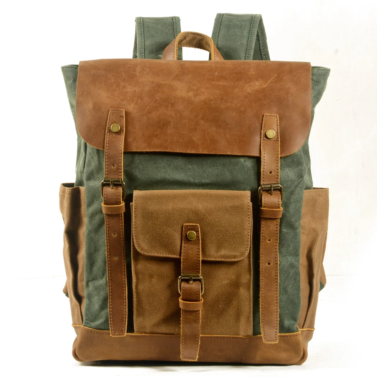 Vintage outdoor backpack canvas stitching Crazy Horse leather backpack oil wax waterproof computer school bag male