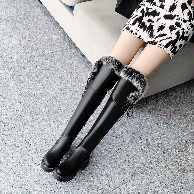 Low-Heel Round-Toe Faux Fur Over The Knee Boots Thick-Soled Lace-Up Side Zipper Street Punk Women’S Boots Warm Winter Boots