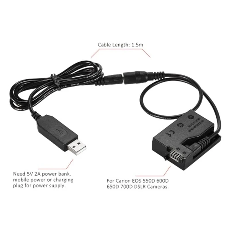 HOT SALE DR-E8 Dummy Battery With DC Power Bank USB Adapter Cable Replacement For LP-E8 For Canon EOS 550D 600D 650D 700D DSLR C