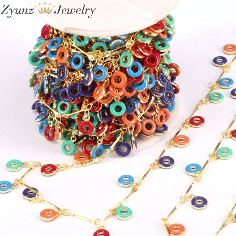 

5 Meters, Colorful Enamel Round Beaded Copper Plated Gold Chains, Circle Lampwork Link Rosary Chain for DIY Bracelet & Necklace