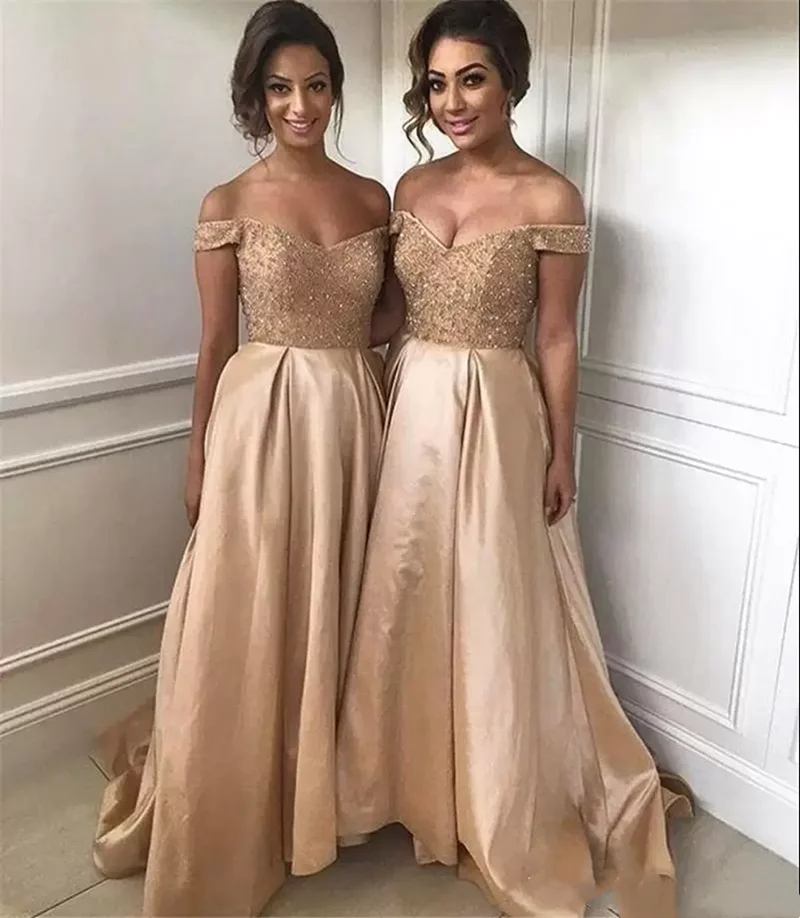 Vestidos de dama de honor dorados con hombros descubiertos, largo hasta el suelo, para dama de honor, vestidos de fiesta de invitados de boda sencillos a medida