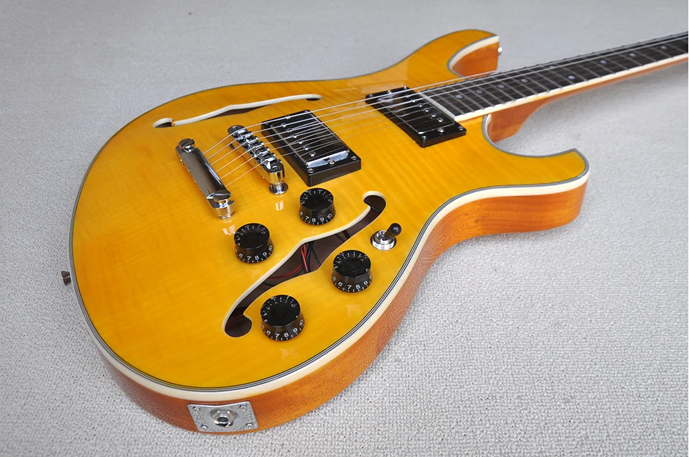 6 Strings Yellow Semi Hollow Electric Guitar with Flame Maple Veneer,Rosewood Fretboard