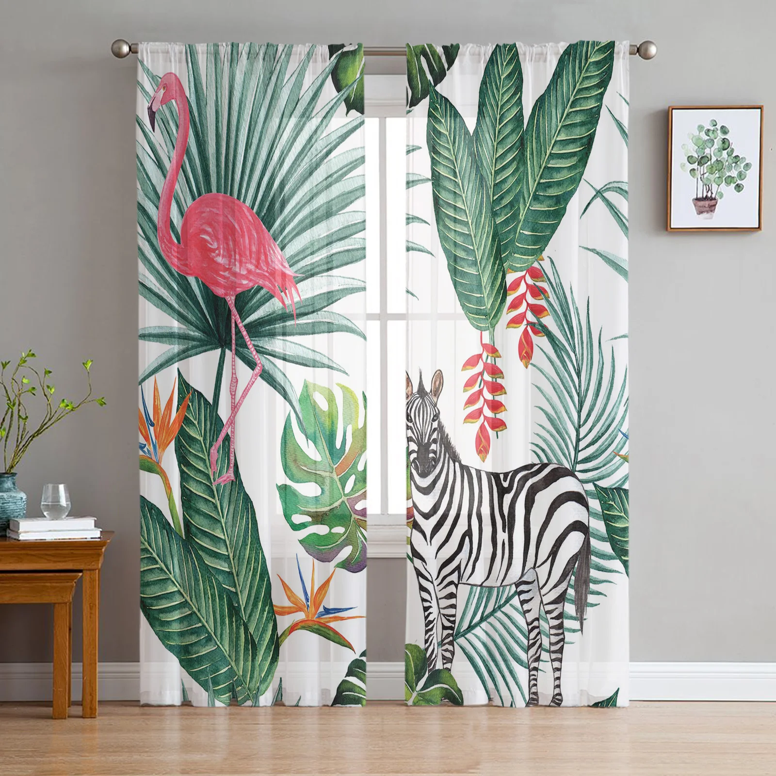 Zebra Flamingo Tropical Jungle Sheer Tulle Window Curtains For Living Room Bedroom Kitchen Veiling Curtain Home Decoration