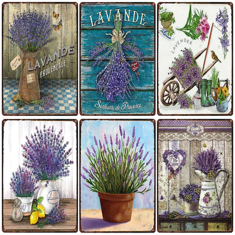 Lavender Metal Plate Flower Farmhouse Tin Signs Plaque Vintage Wall Art Poster Home Garden Decor 20x30cm