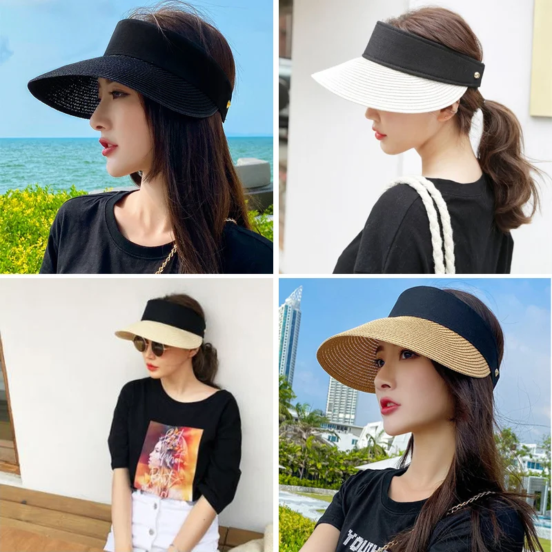 Magic Tape Panama Women Straw Hat Empty Top 2020 Women\'s Summer Hat Sun Protection Outdoor Sports Fishing Beach Chapeau MZ010