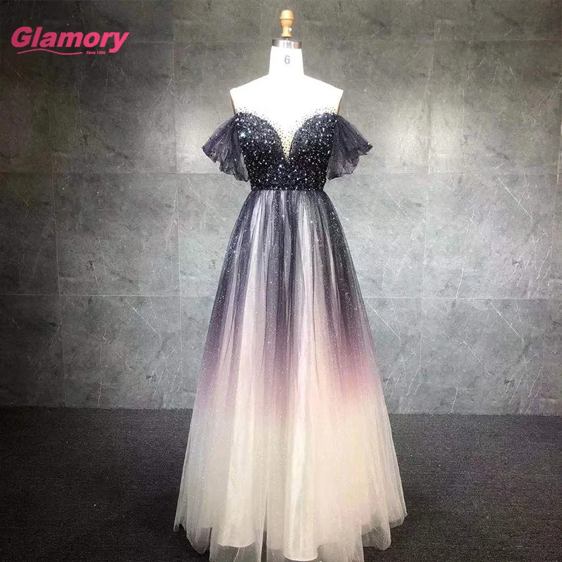 New Arrival Off-Shoulder Party Prom Crystal Beaded Gradual Change Color Shining Tulle Evening Gowns