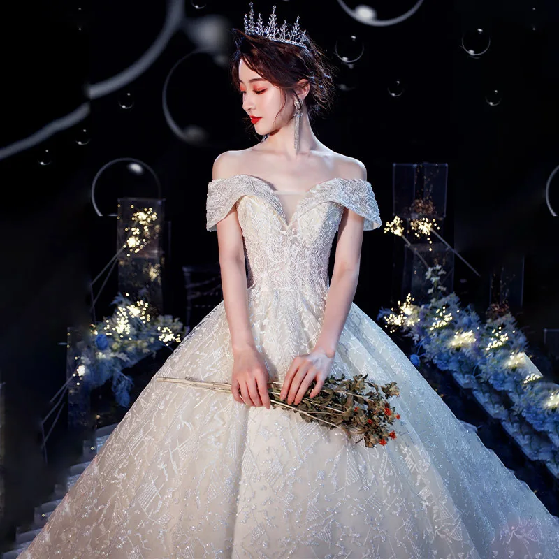 Robe de Mariée Classique en Dentelle avec Col Bateau et Traîne à Balayage, Tenue de Bal à Lacets, Nouveauté 2021