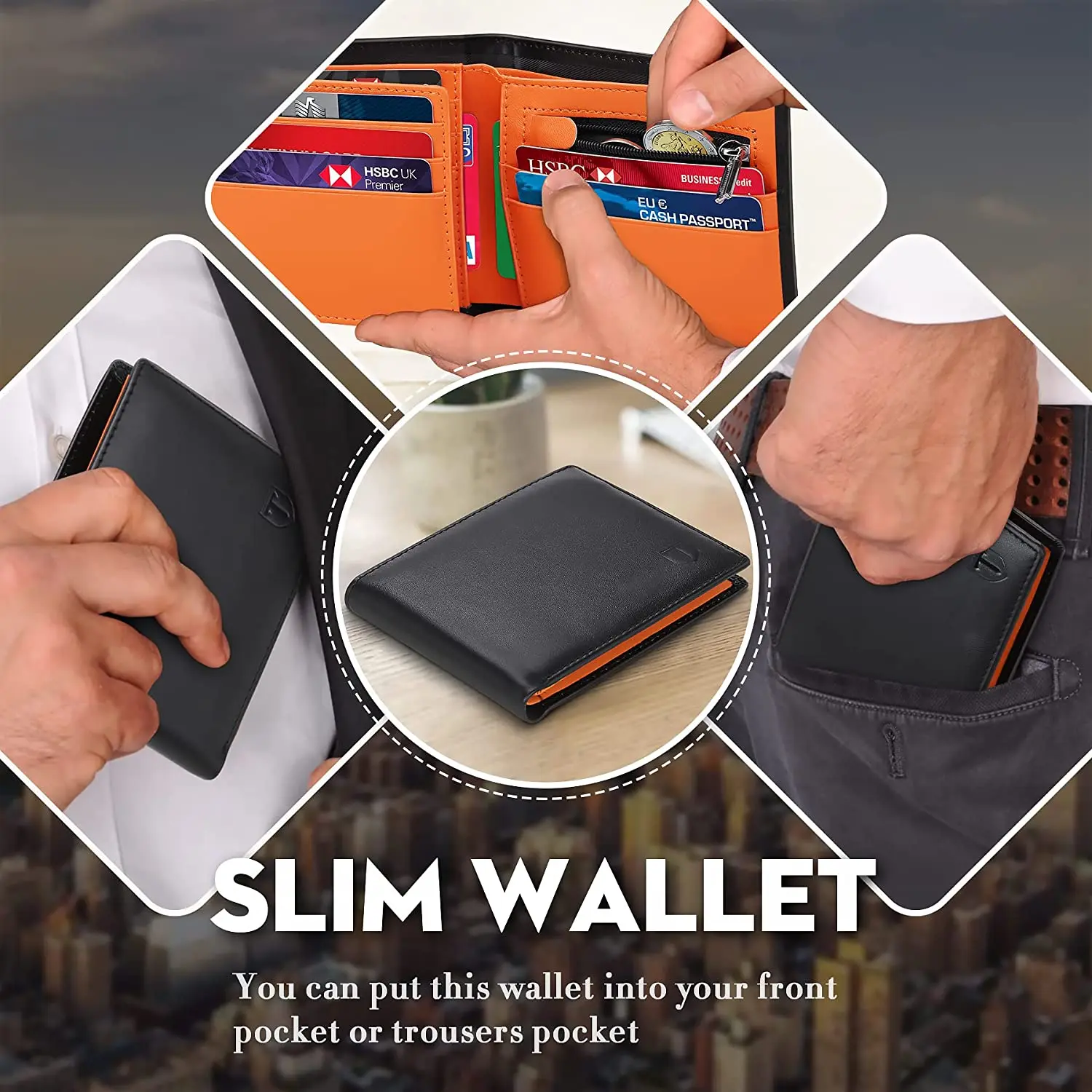 Genuine Leather Wallet Men Slim RFID Purse Card Holder Coin Pocket ID Window Minimalist Wallets