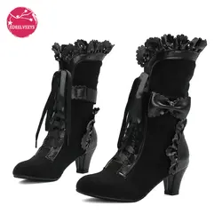 Autumn Winter Vintage Women Victorian Boots Lace Up High Heel Bootie Ruffle Trim Lolita Princess Cosplay Tea Party Costume Shoes