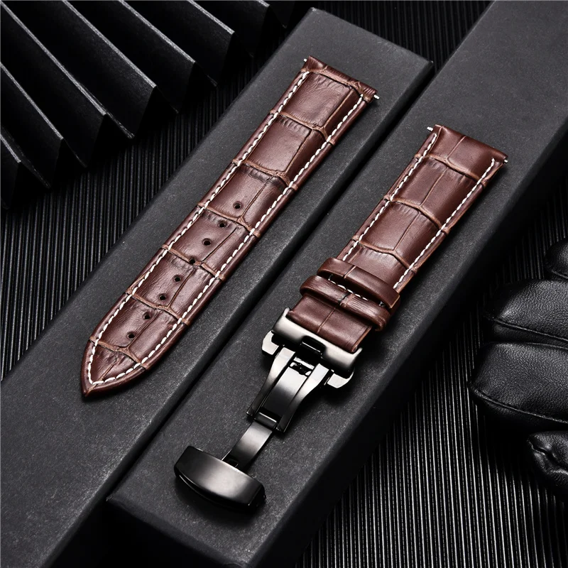 Classic Business Embossed Leather Strap with Stainless Steel Automatic Buckle Watchband 18mm 20mm 22mm 24mm Watch Straps