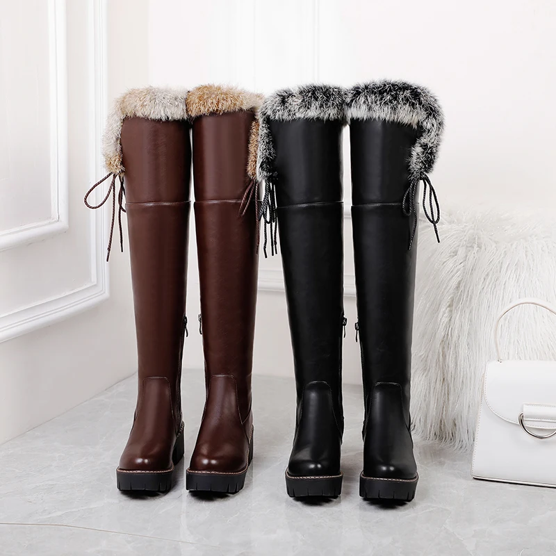 Low-Heel Round-Toe Faux Fur Over The Knee Boots Thick-Soled Lace-Up Side Zipper Street Punk Women’S Boots Warm Winter Boots