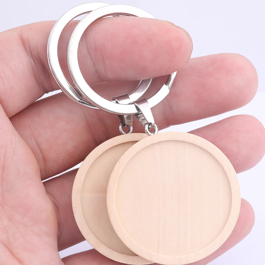 5pcs Double Side Wooden Keychain Cabochon Base Setting Blanks 30mm Dia Pendant Bezel Trays Diy Metal Keyring Accessories