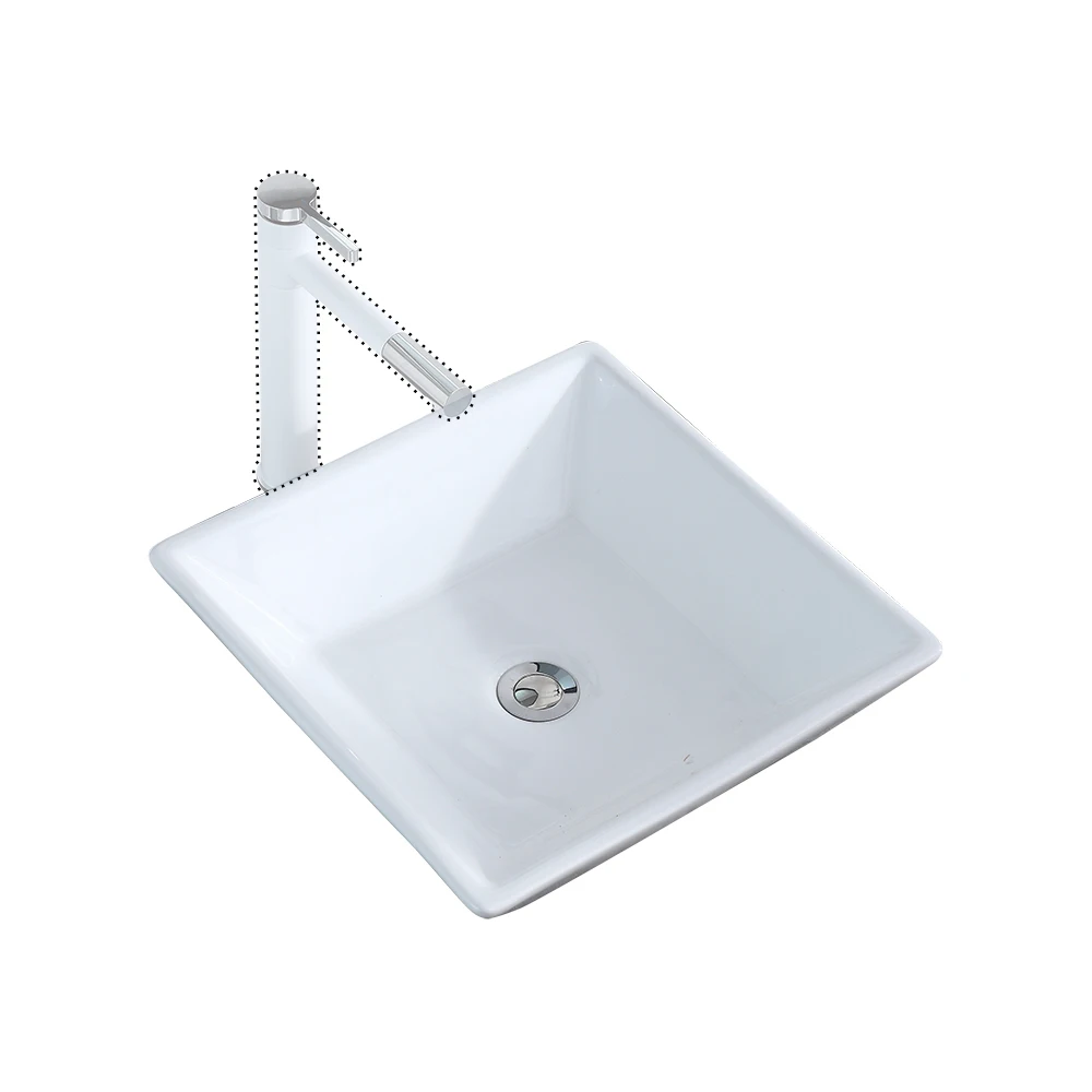 Bathroom Above Counter Square Ceramic Vessel Vanity Sink Art Basin White Porcelain with Pop Up Drain Stopper[US-Stock]