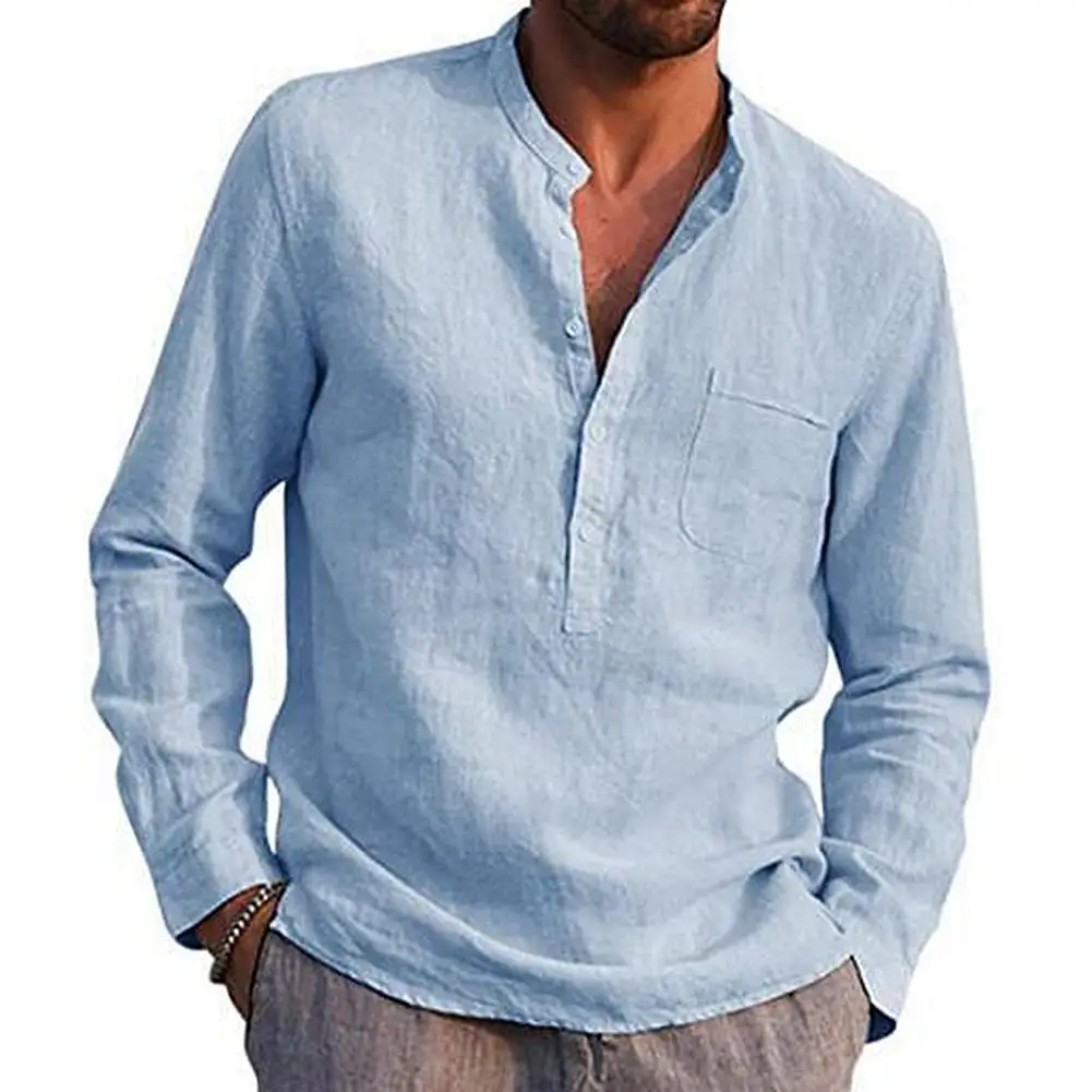 Camisas informales para hombre, camisa de manga larga con cuello en V, Color sólido, bolsillo con botones, Top de algodón y lino, amigable con la