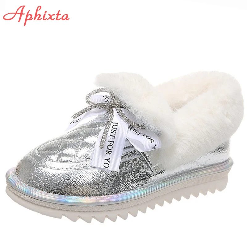 APHIXTA Plush Warm Silver Winter Snow Women Boots Shoes Platform Flat Heel Bling Crystals Bow Waterproof Fur Round Head Shoes