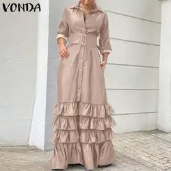 VONDA jesień elegancka koszula sukienka 2023 kobiety Party Maxi sukienki damskie z długim rękawem jednolita, z kołnierzykiem przycisk popędzający elegancka, długa Vestido