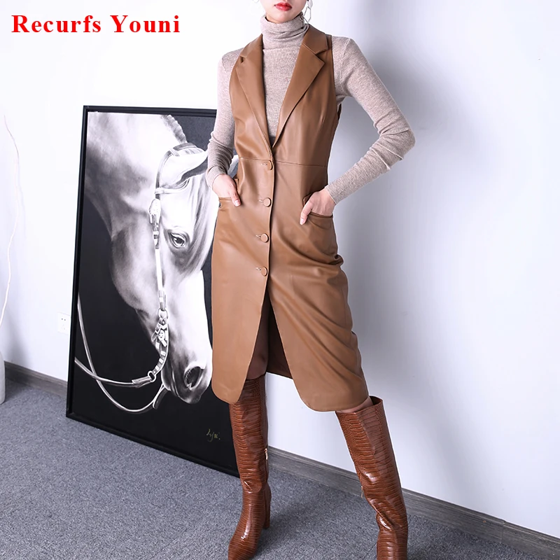 Sleeveless Jackets For Women 2024 New French Style Female Wrap Dress Long Skirt Vest Genuine Leather Caramel Gilet Chaleco Mujer