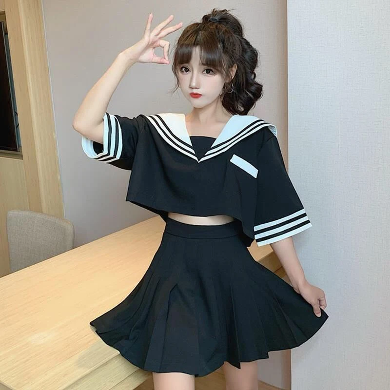 Uniforme japonés de cuello marinero para chica adolescente Kawaii Tops camisa Falda plisada Sexy ropa escolar coreana, conjunto de dos piezas fiesta