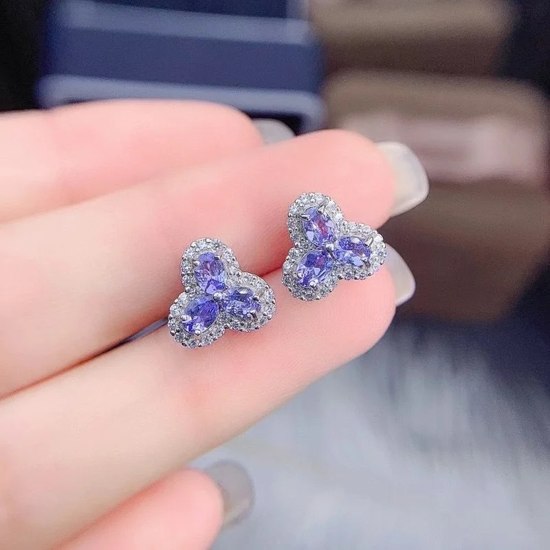 

Fashion Sterling Silver Gemstone Stud Earrings 4mm*3mm Natural Tanzanite Stud Earrings 925 Silver Tanzanite Earrings Gift Girl