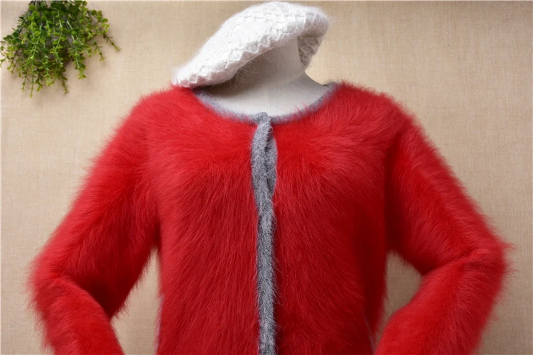 female women fashion christmas red hairy mink cashmere knitted short slim cropped cardigans angora fur jacket coat sweater pull