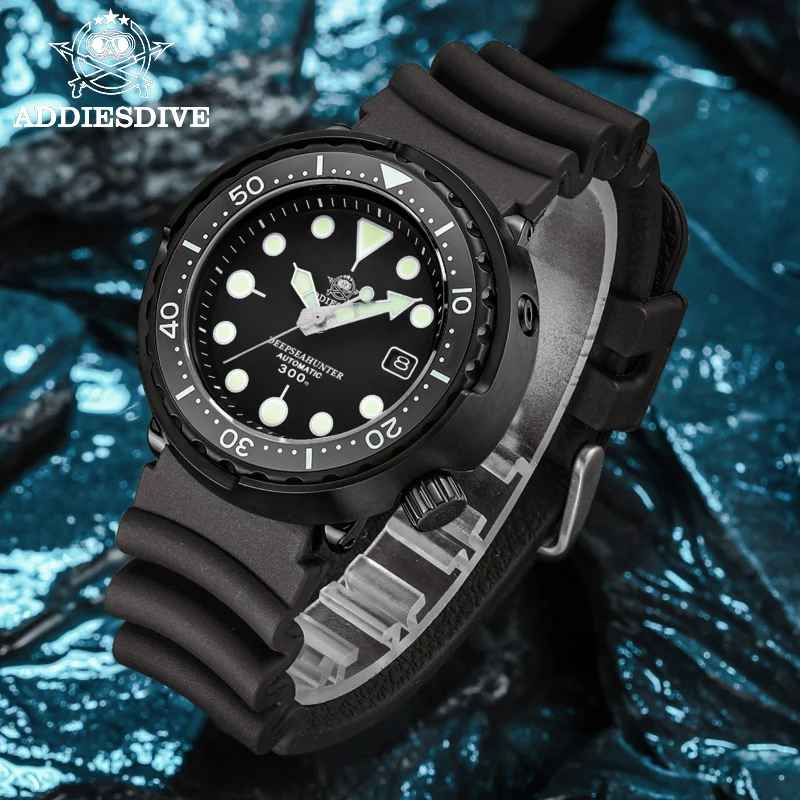 Addiesdive relógio masculino com caixa de atum preto, vidro de safira, moldura cerâmica, 300m, resistência à água, mostrador luminoso, relógios