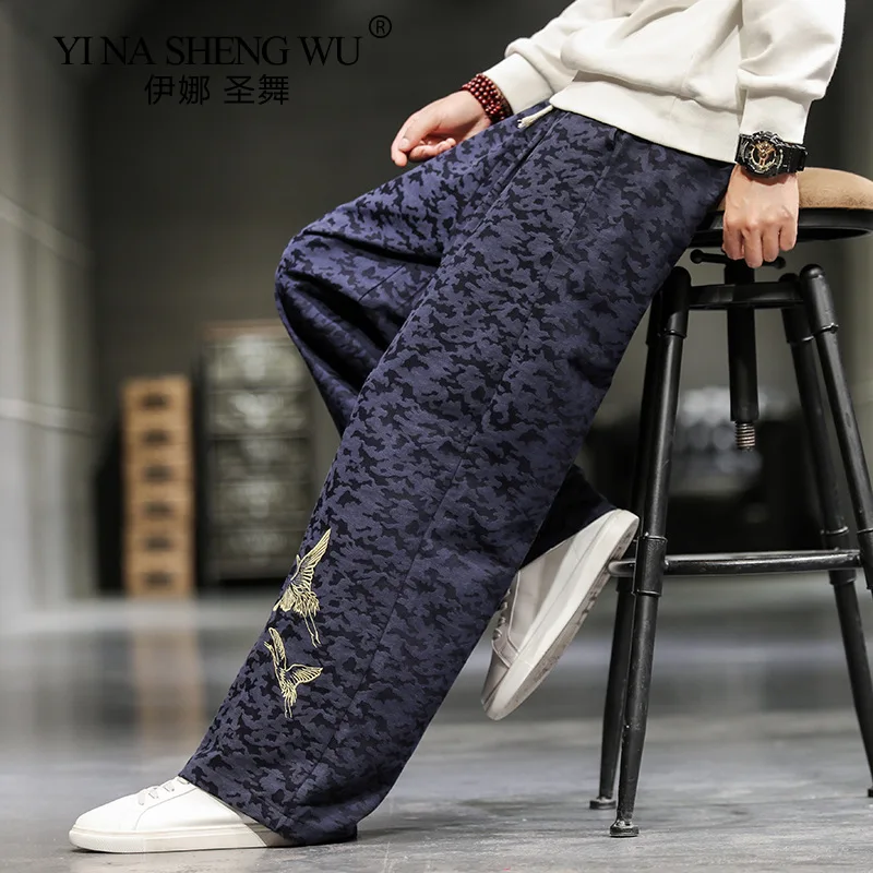 

Spring Men's New Cotton Sweatpants Japanese Ancient Style Crane Embroidered Straight Vertical Feeling Harlan Wide Leg Pants