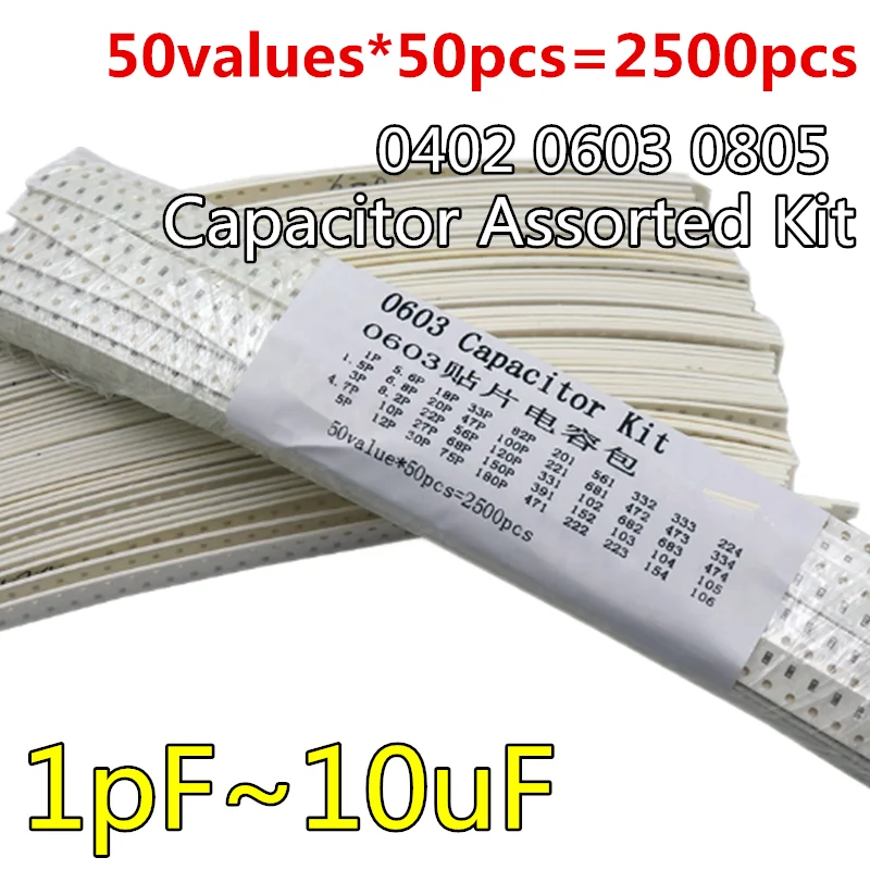 

50values X50pcs=2500pcs 0402 0603 0805 SMD Ceramic Capacitor Assorted Kit 1pF~10uF Chip Samples kiT 1PF 1.5PF 3PF 4.7PF