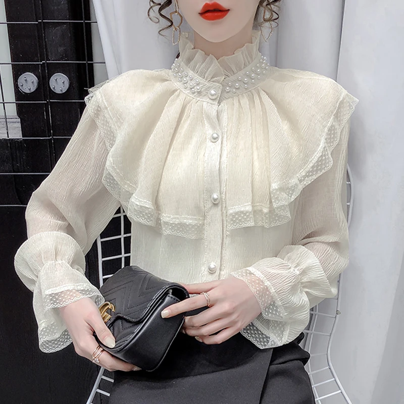 French Vintage Court Palace Style Blouse Long Sleeve Shirt Chic Lace Ruffled Victorian Women Elegant Loose Pearl Beading Tops