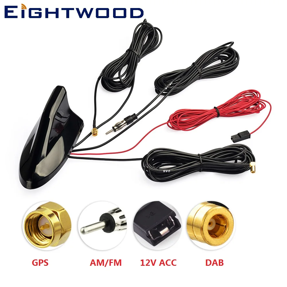 

Eightwood Car Shark Fin Roof Mount Antenna DAB AM/FM GPS Combined Amplified SMB SMA DIN Male Connector 5 Meter Extension Calbe