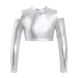 Kids Girls Long Sleeves Off Shoulder Glossy Metallic Tops Crop Top For Ballet Jazz Street Dancing Performance Gymnastics Workout