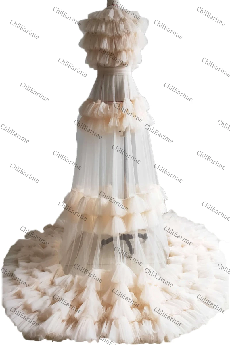 Ladies ruffled fairy chiffon tulle light luxury dress robe dress