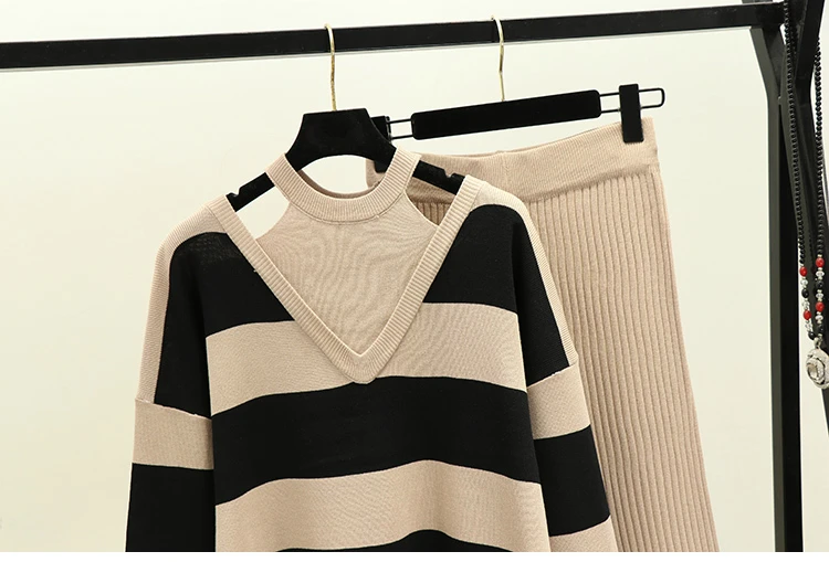 Autumn Winter Striped Sweatersuit Women Halter Hollow Long Sleeve Sweater + Wide leg Pants Two piece set Casual Outfits Female