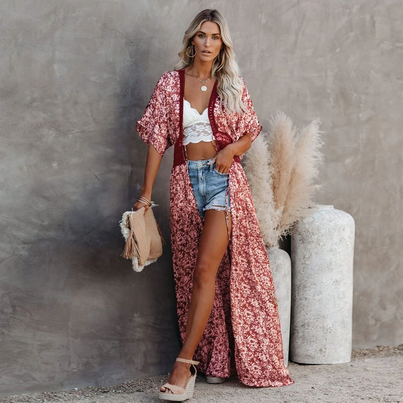 Verão chiffon coats biped cintura larga swing kimono remendo trabalho rendas espanador blusa boho poncho feminino versátil colocação coverup