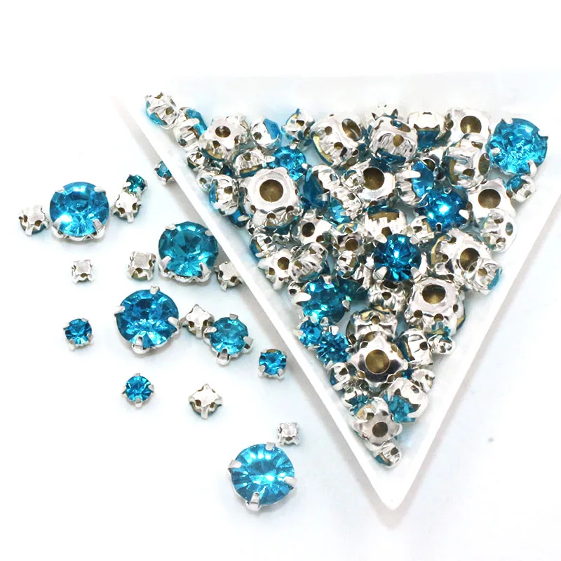 Hot sale Garment beads 100pcs/pack Mixed size Lake blue glass crystal sliver base sew on rhinestones diy clothing accessories