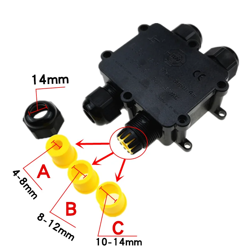 TUV 2 3 4 Way IP68 Waterproof Outdoor Electric Plastic Terminal Connecting Cable Junction Box 8mm 12mm 14mm Wiring Box