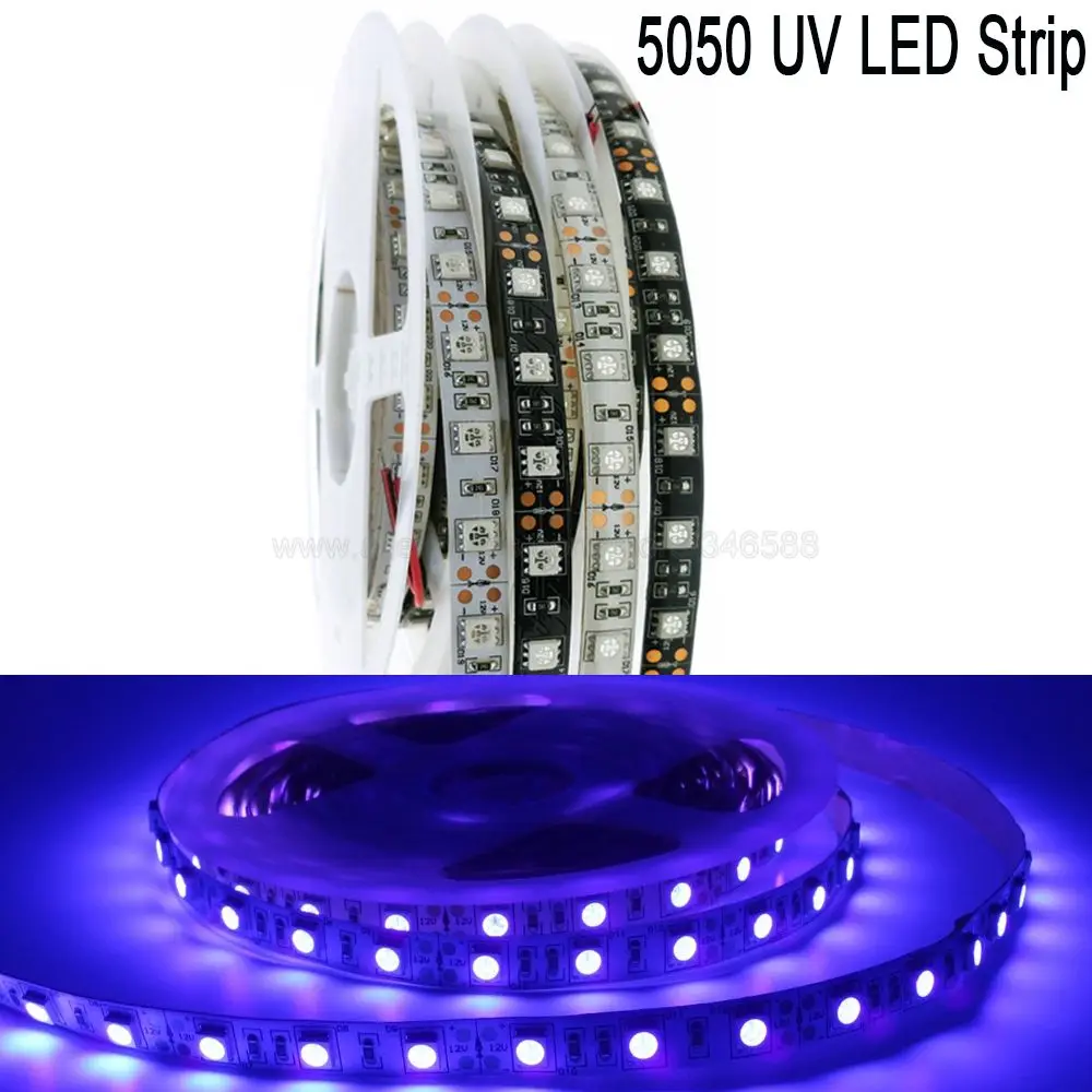 Bande lumineuse LED SMD, Flexible, 5m 12V DC 5050 UV, 395nm-405nm, ruban de lumière ultraviolette, IP20 IP65, PCB noir blanc pour DJ, Fluorescence