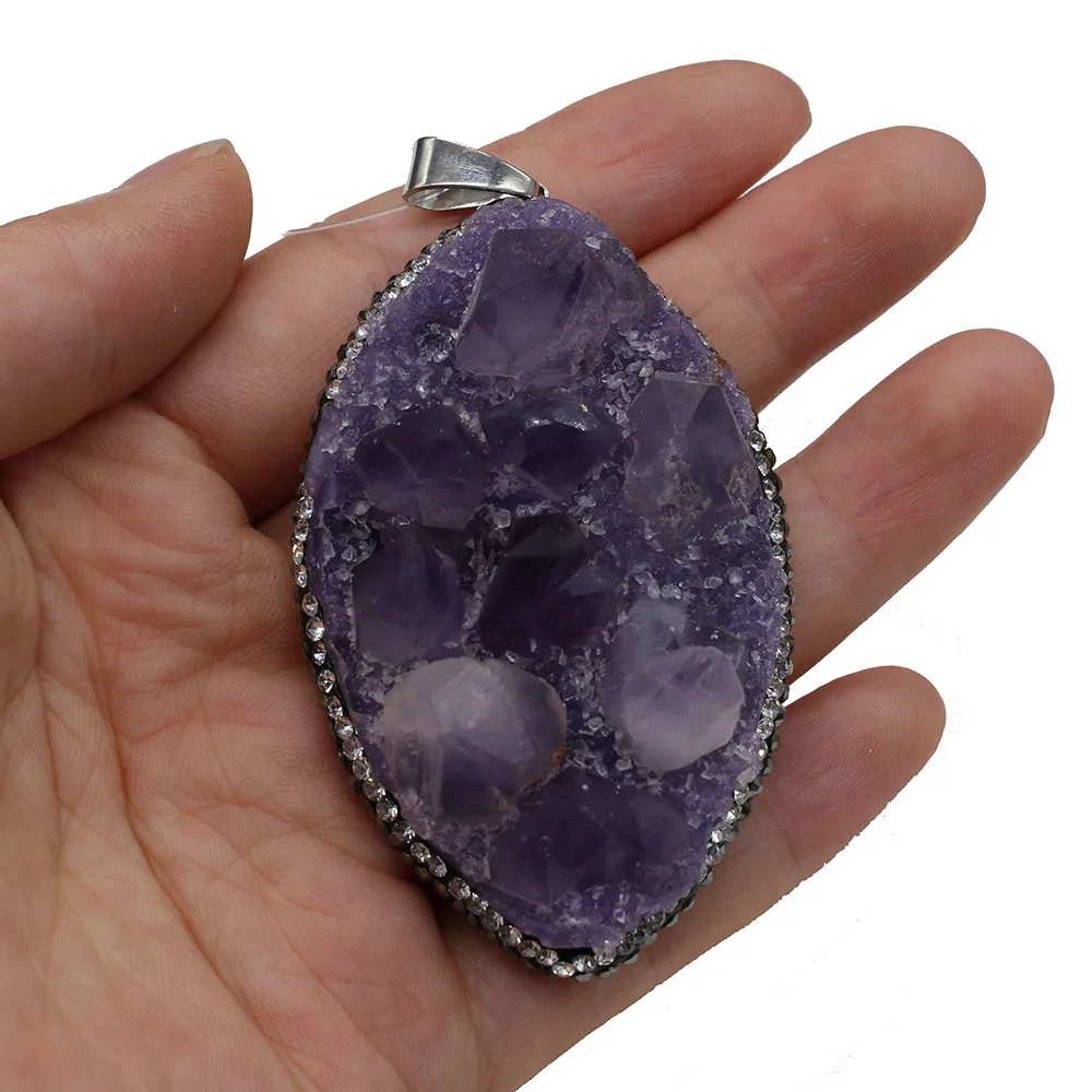 Natural Amethysts Druzy Diamon-Studded Pendants Horse Eye Shape Charms Pendants for Jewelry Making DIY Necklace Size 40x70mm