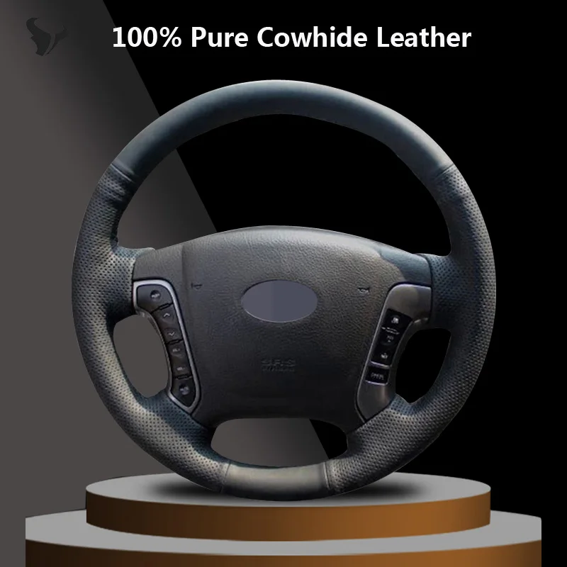 

Черный чехол на руль из натуральной кожи для Hyundai Santa Fe 2006, 2007, 2008, 2009, 2010, 2011, 2012
