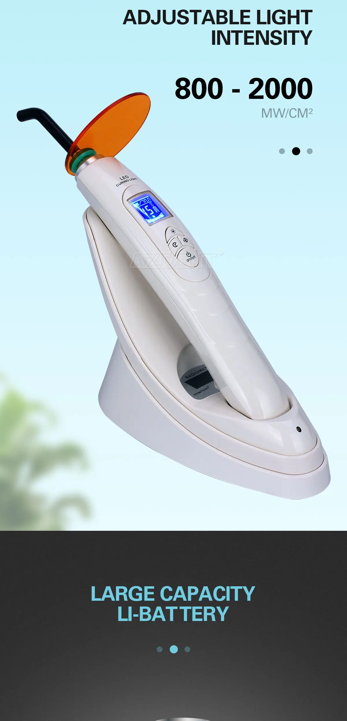 AZDENT Dental-Härtungslicht, LED, kabellos, Glasfaser-Härtungslampe, 800–2000 mW/cm2, drei Gänge, Ausgang, einstellbares Timing – Detail 6