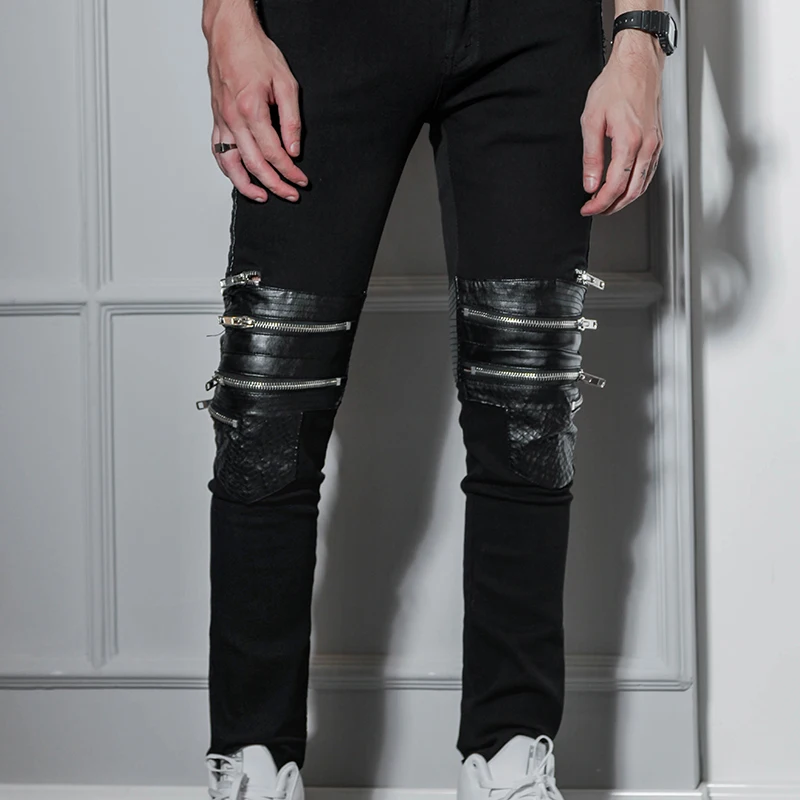 European and American nightclubs hip hop west coast high street style hip-hop slim fit zipper PU stitching black jeans men's Bri