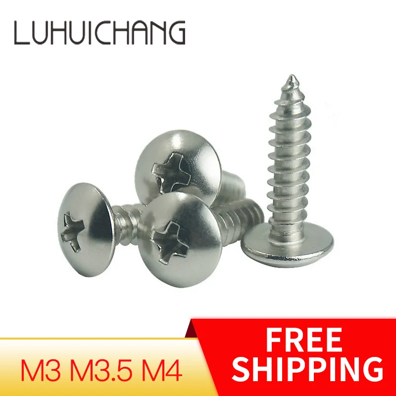 50Pcs M3 M3.5 M4 304 Stainless Steel Self-tapping Truss Screws Round large Flat round Head Cross Mushroom Phillips Screws