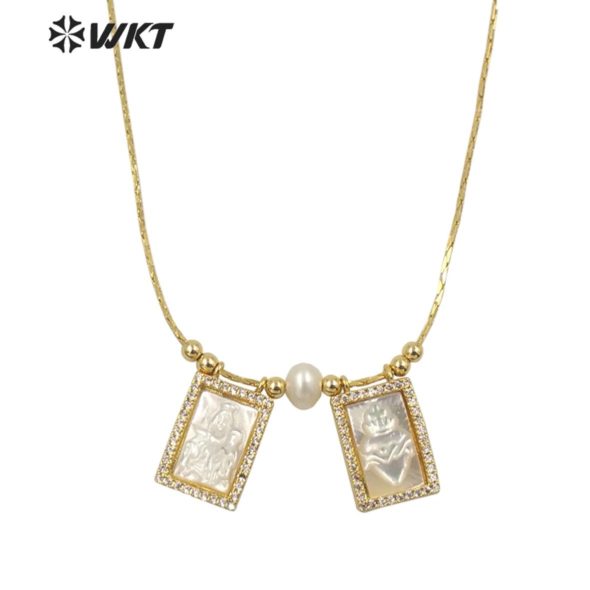 

WT-JN137 Amazing double charms Saint Mary Shell necklace gold electroplated Religous Heart charm necklace in adjustable