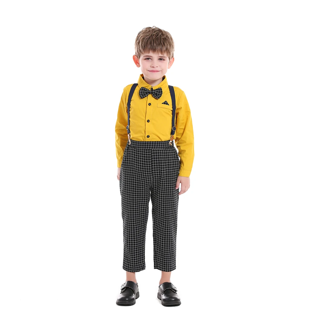 New Winter Autumn  Kids Boys Casual Clothing Set Long Sleeve Bowtie Shirt Tops+Overalls Gentleman 2PCS Outfits Formal Customs