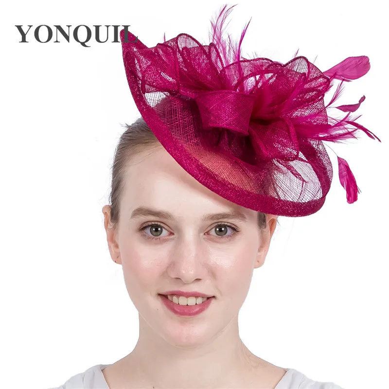 Millinery Magenta Sinamay Fascinator With Feather Lady Derby Occasion Church Hats Bridal Wedding Headpieces NEW ARRIVAL