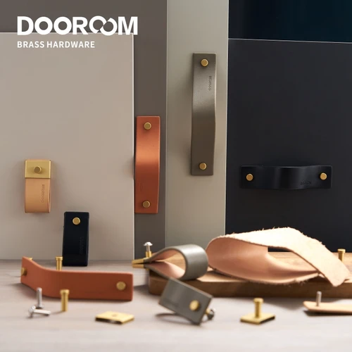 Dooroom-tiradores de latón y cuero para muebles, manijas nórdicas modernas para armario, tocador, armario, cajón, caja de zapatos, barra de vino