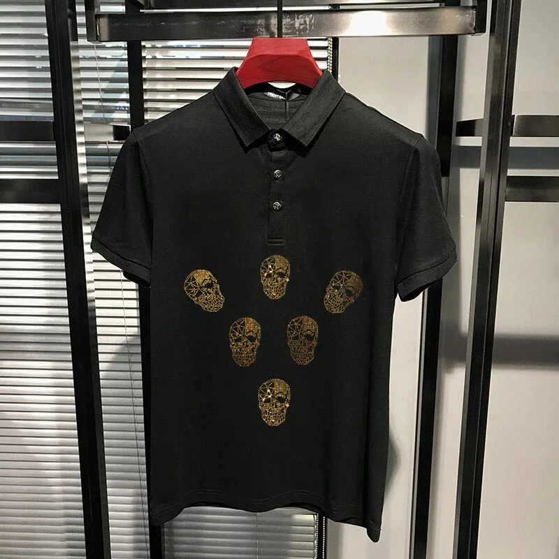 

Summer European Station Design Hot Rhinestone T-Shirt Male Print Polo Golf Pure Cotton Casual Sports Tops Large Size