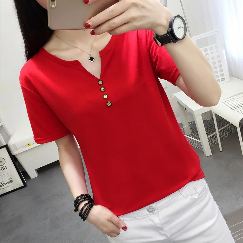 2022 Summer New Arrival Solid Color V-Neck Minimalism Casual All Matched Short Sleeves Women T-shirt