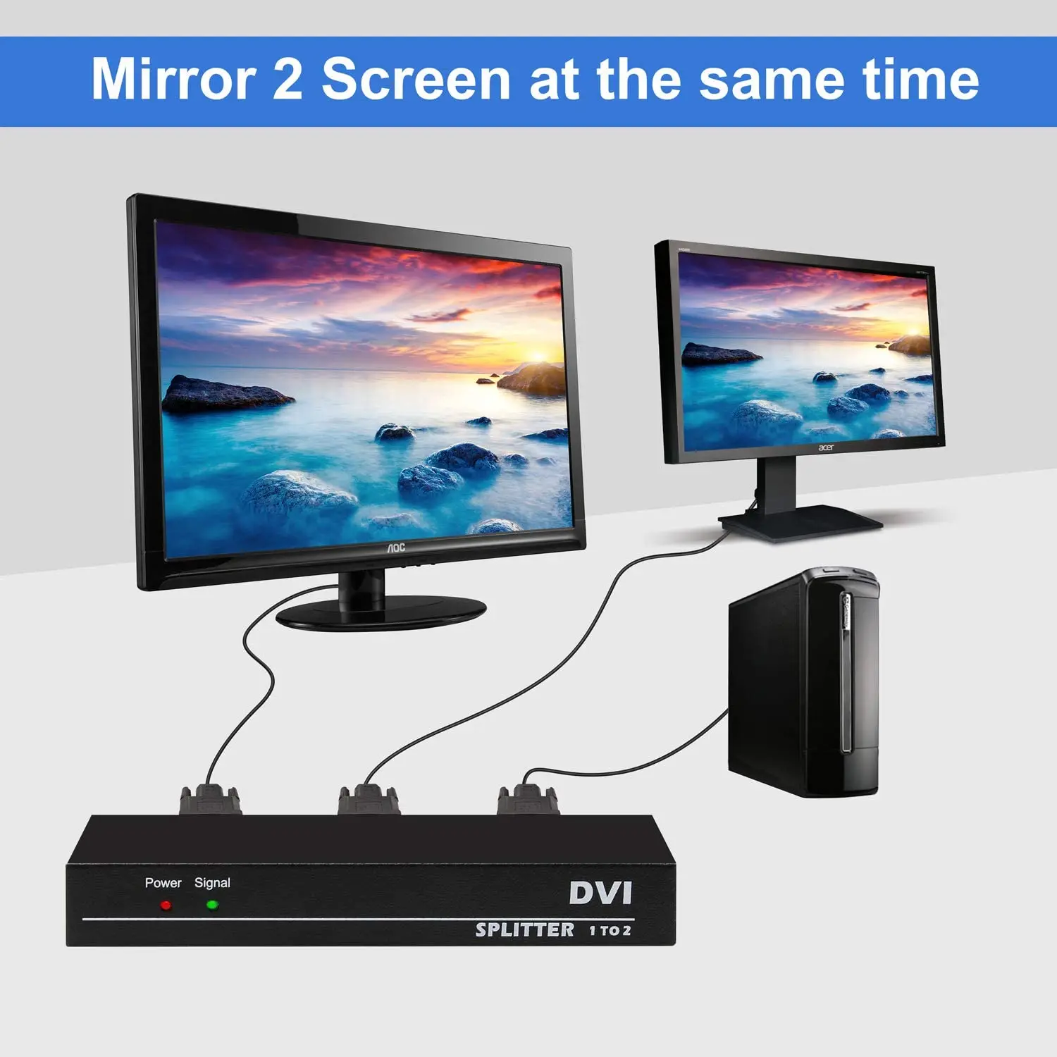 DVI 분배기 1x2 DVI 1 in 2 Out 2 포트, DVI 분배 복사기 분배기 지원 4K @ 30Hz 자동 복사 EDID