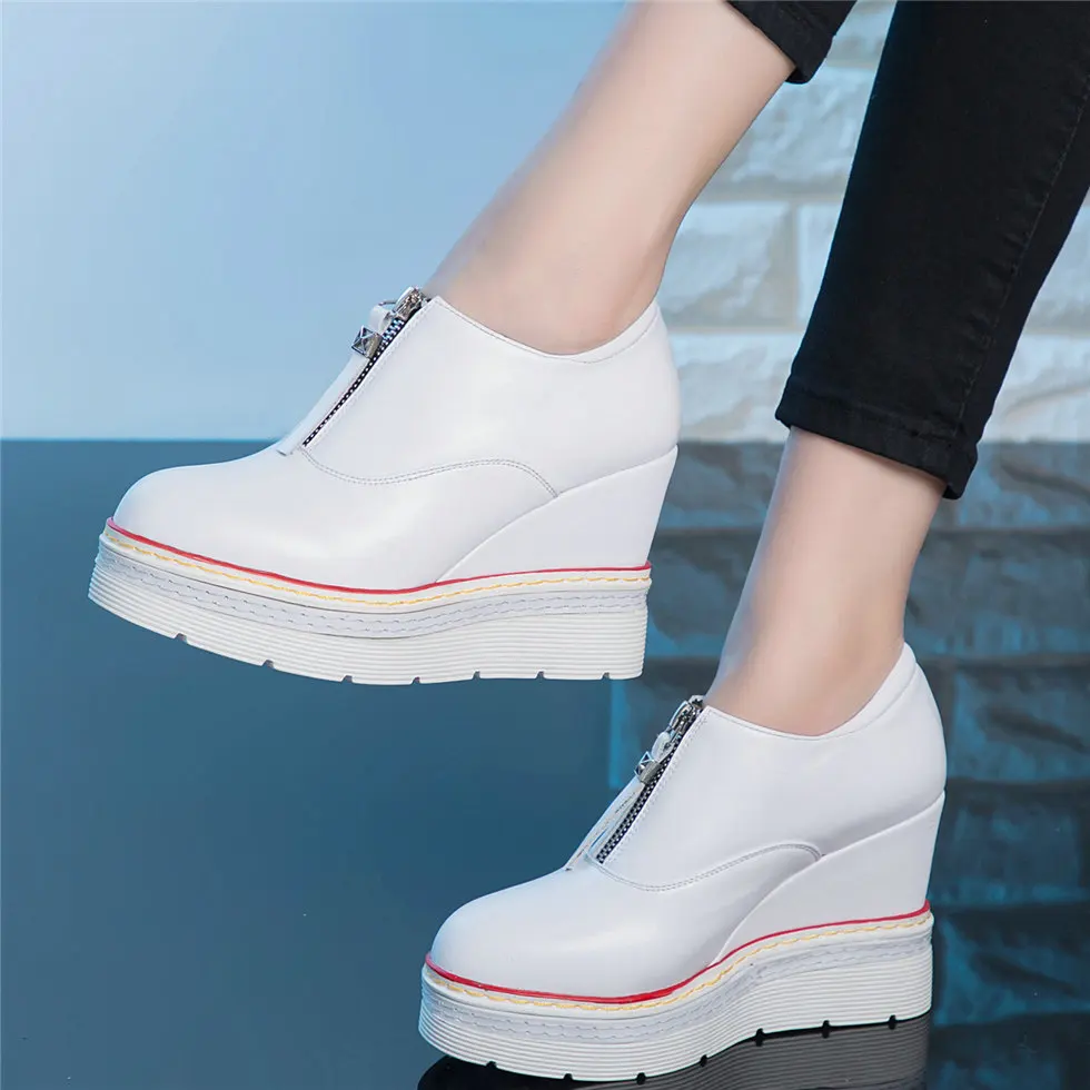 

Fashion Sneakers Women Genuine Leather High Heel Ankle Boots Female Round Toe Increased Internal Platform Pumps Casual Shoes